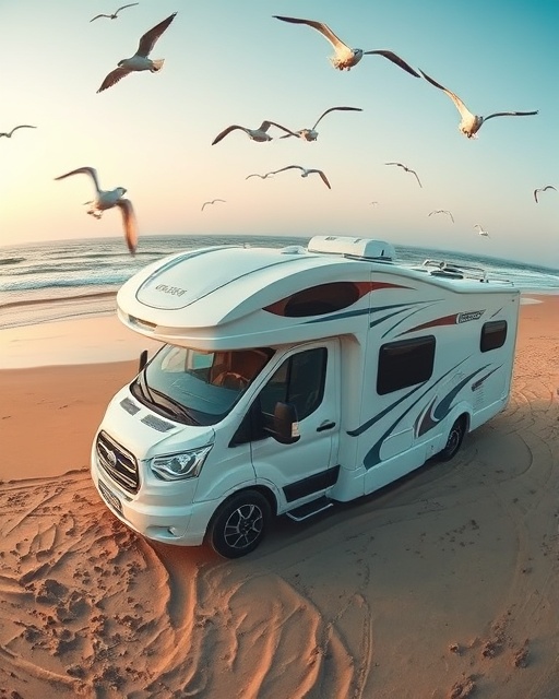 elegant RV design, innovative features, parked on a sandy beach, photorealistic, waves gently lapping at the shores, highly detailed, seagulls flying overhead, HDR quality, beige and turquoise palette, dawn lighting, shot with a fisheye lens.