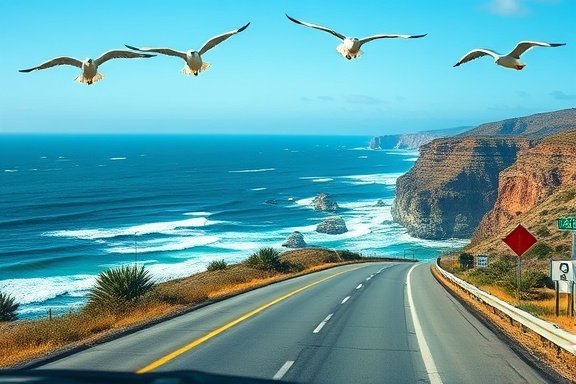 scenic rv travel, amazed, driving along a coastal highway, photorealistic, ocean waves and distant cliffs background, highly detailed, seagulls flying overhead, cool blues and greens, midday lighting, shot with a 50mm lens.