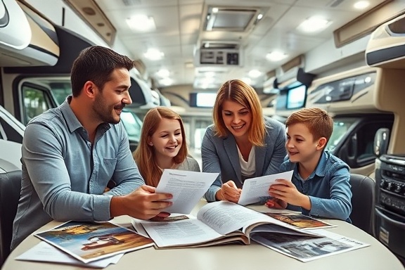 happy family exploring RV loan options, parents explaining terms to their children, photorealistic, in a sleek showroom filled with RVs, highly detailed, various RV brochures scattered on a table, ultra-clear, vibrant tones, soft daylight, shot with a 24mm lens
