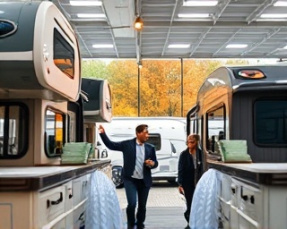 modern RV dealership, high-energy sales event, a couple excitedly exploring RV interiors, photorealistic, Connecticut autumn scene outside, highly detailed, dynamic banners and brochures, ultra HD, rich colors, overhead spotlights, shot with a 28mm lens.