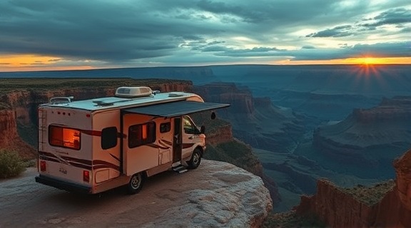 adventurous RV exterior setup, dynamic, parked at the edge of a cliff, photorealistic, breathtaking view of a canyon below, highly detailed, windswept, elements of drama, rich contrasting tones, sunset backlight, shot with a panoramic lens.