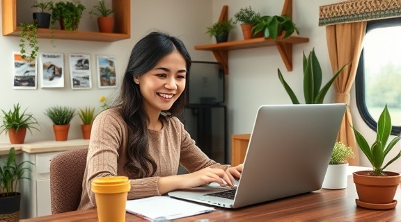 RV funding representative, warmly welcoming clients, typing on a laptop, photorealistic, within an inviting office space decorated with travel photos and plants, highly detailed, open laptop displaying funding options, crisp quality, earth tones, diffused lighting, shot with a 28mm lens