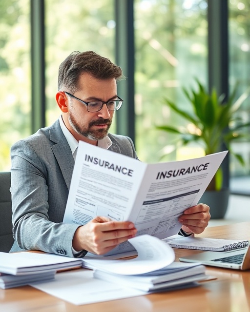 insurance coverage folder, focused agent, explaining details, photorealistic, modern office with large glass windows and green outdoor view, highly detailed, papers fluttering on the desk, high resolution, pastel colors, soft sunlight, shot with a 200mm telephoto lens