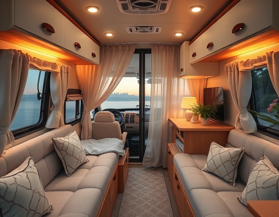 chic RV interior, cozy ambiance, furnished with modern amenities, photorealistic, with soft ambient lighting creating warm shadows, highly detailed, gentle breeze causing curtains to sway, ultra-high resolution, soft pastel tones, twilight lighting, shot with a macro lens.