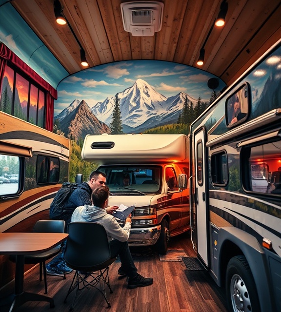 adventure-themed RV dealership, exciting ambience, thrill-seekers planning next RV trek, photorealistic, Connecticut's rugged landscape echoes from murals, highly detailed, adrenaline-boosting visuals and sounds, ultra HD, vibrant adventurous colors, focused LED spots, shot with a 22mm lens.