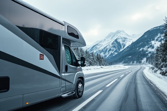 futuristic RV, excited expression, cruising on a serene mountain road, photorealistic, snowy peaks visible in the distance, highly detailed, gentle snowfall around, 8k clarity, silver and ice blue tones, diffused lighting, shot with a telephoto lens.