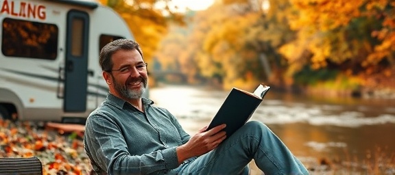 modern RV lifestyle, pleased expression, relaxing with a book on a riverbank, photorealistic, surrounded by autumn foliage in vibrant colors, highly detailed, the river softly flowing in the background, 1080p realism, earthy and warm hues, soft morning light, shot with a zoom lens.