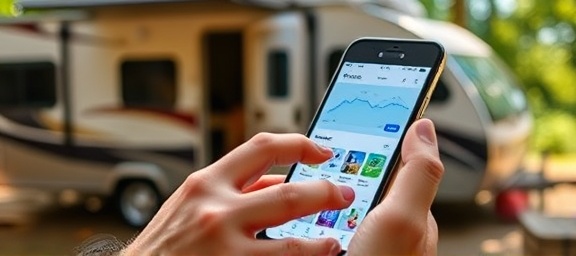 innovative RV financing app, user smoothly navigating interface, interacting with a smartphone, photorealistic, outdoor setting at a campsite, highly detailed, app screen vividly displayed, crystal clear, natural hues, dappled sunlight, shot with a macro lens