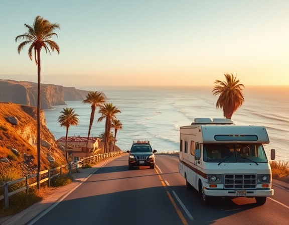 classic family RVs, nostalgic, cruising along a coastal highway, photorealistic, cliffs and the ocean stretching into the horizon, highly detailed, breeze-ruffled palm trees and rolling waves, 8k resolution, vibrant colors, sunset light casting long shadows, shot with a 35mm lens.