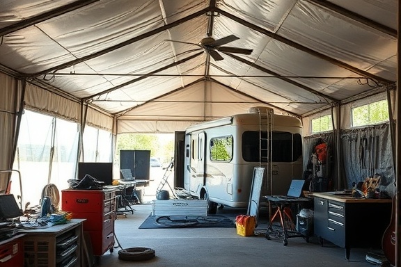 tool-packed RV workshop, organized, mechanics setting up for vehicle maintenance, photorealistic, inside a large open-air maintenance tent at a campground, highly detailed, fans gently whirring, high-resolution, metallic and wood textures, bright daylight streaming, shot with a wide-angle lens.