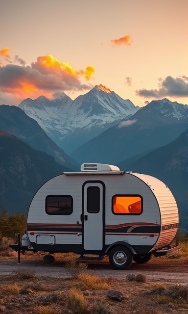 cozy compact camping trailer, welcoming expression, nestled amidst a mountain landscape, photorealistic, towering peaks in the distance with a glimmering sunset, highly detailed, clouds drifting leisurely, vibrant saturations, warm amber hues, shot with a 85mm lens.