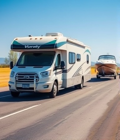 powerful RV towing, determined, pulling a boat on a trailer, photorealistic, wide open road under a clear blue sky, highly detailed, trailing vehicles, smooth transitions, bold and bright colors, noon sun light, shot with an action camera lens.