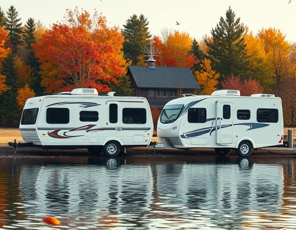 cozy family RVs, content, parked beside a serene lake, photorealistic, glistening water reflecting the vibrant autumn foliage, highly detailed, gentle ripples and birds flying, 8k resolution, warm hues, diffused morning light, shot with a 35mm prime lens.