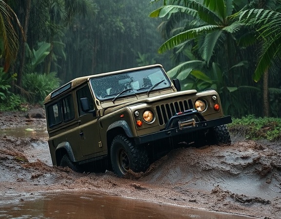 durable offroad vehicle, confident demeanor, crossing a muddy obstacle, photorealistic, rainy jungle setting with thick foliage, highly detailed, raindrops splattering, high resolution, deep greens and browns, soft diffused lighting, shot with a 50mm standard lens.