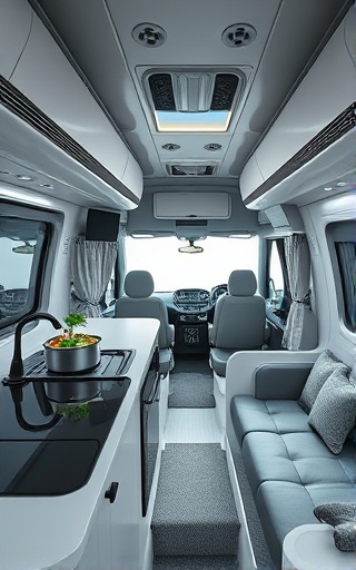 modern RV interior, innovative, cooking dinner, photorealistic, minimalist design with sleek surfaces, highly detailed, steam rising from pots, sharp clarity, cool grey and white palette, overhead spotlighting, shot with a tilt-shift lens.