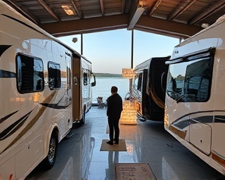 exclusive RV showroom, premier exclusivity, elite clientele inspecting rare RV models, photorealistic, Connecticut lakeside backdrop, highly detailed, champagne reception and luxury accents, 4K resolution, rich and deep color tones, underlit with controlled environment lighting, shot with a 60mm lens.