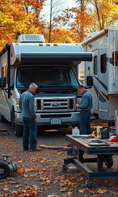 team of RV mechanics around a vehicle, collaborative, discussing repair strategies with tools in hand, photorealistic, surrounded by parked RVs and scattered fall leaves at a campground, highly detailed, subtle sounds of nature, dynamic depth of field, vibrant fall colors, filtered sunlight, shot with a telephoto lens.