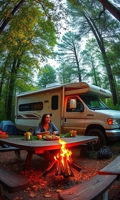 serene RV camping setup, peaceful, family enjoying a meal, photorealistic, forest clearing with picnic table and campfire, highly detailed, leaves rustling gently, rich textures, earthy green and brown shades, dappled sunlight, shot with a fisheye lens.