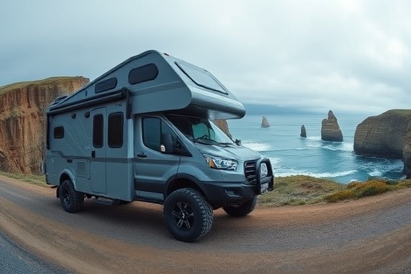 innovative offroad camper, serene expression, parked by a scenic cliff, photorealistic, coastal cliffs and ocean view in the background, highly detailed, waves crashing below, panoramic focus, cool blue and gray tones, overcast lighting, shot with a 16mm fisheye lens.