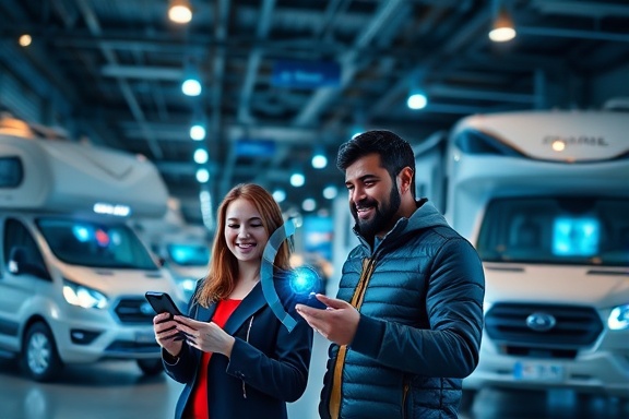 innovative RV dealership, tech-savvy environment, young couple using holographic interfaces, photorealistic, urban tech district of Connecticut, highly detailed, blending augmented reality with physical products, 4K resolution, sharp contrast in a futuristic palette, LED lit, shot with a 12mm lens.