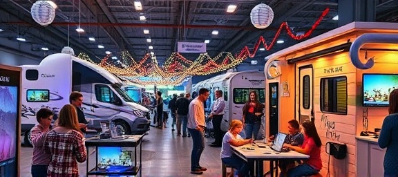 cutting-edge RV dealership, lively crowd, kids playing with tech displays, photorealistic, themed decorations for a festive look, highly detailed, live demonstration sessions, 8K resolution, vivid and lively hues, strategic spotlighting, shot with a 30mm lens.
