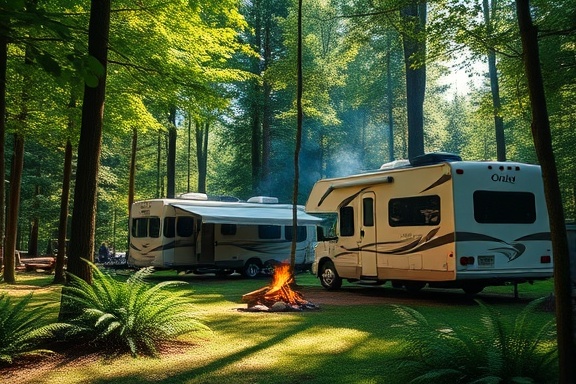 relaxed RVs camping, peaceful, nestled in a lush forest clearing, photorealistic, surrounded by tall ferns and dappled sunlight filtering through leaves, highly detailed, smoke from a campfire and swaying trees, 6k resolution, natural green palette, soft afternoon light, shot with a 28mm wide lens.