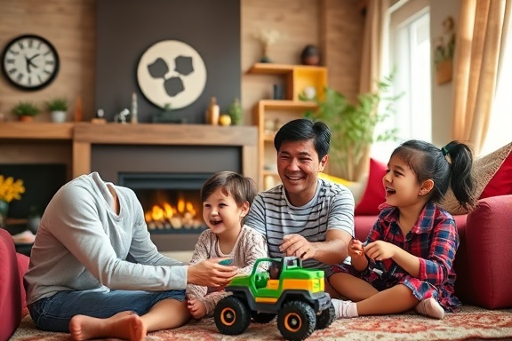 warranty benefits document, satisfied family, cheering, photorealistic, colorful living room with plush furniture and a fireplace, highly detailed, children playing with toy cars, 8K resolution, vibrant colors, natural morning light, shot with an 85mm prime lens