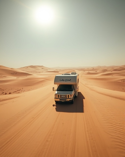 adventurous RVs journey, excited, driving through a vast desert landscape, photorealistic, endless sand dunes and a bright sun overhead, highly detailed, swirling sand and lens flare, ultra-high-definition, earthy tones, harsh midday light, shot with a 50mm standard lens.