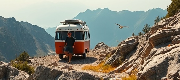 compact travel camper, cheerful expression, climbing a rugged mountain trail, photorealistic, jagged rocks with small wildflowers peeking through, highly detailed, distant bird flight, bright contrasts, earthy browns and greens, crisp morning light, shot with a 70mm lens.