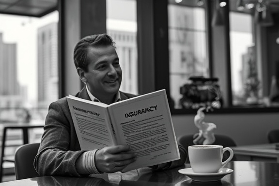 insurance policy booklet, attentive policyholder, nodding thoughtfully, photorealistic, quiet coffee shop with minimalistic décor and a cityscape view, highly detailed, steam rising from the coffee cup, ultra-HD, monochrome, diffused lighting, shot with a 35mm wide-angle lens
