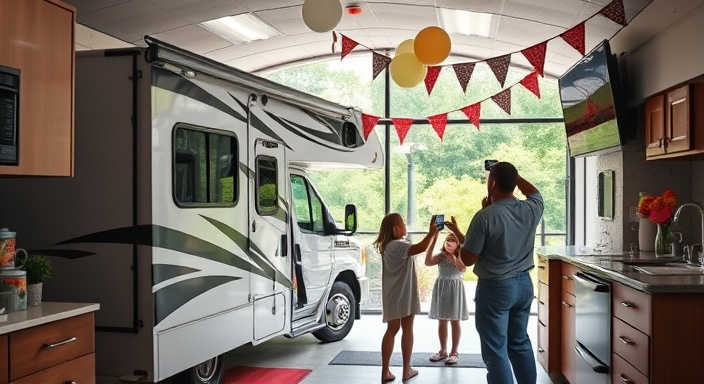 upscale RV showroom, exclusive atmosphere, a family excitedly capturing photos by an RV, photorealistic, lush green Connecticut views outside, highly detailed, playful elements like balloons and banners, ultra HD, cheerful tones, diffused afternoon lighting, shot with a 15mm lens.