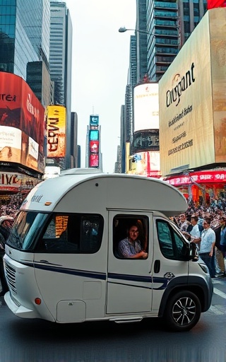 elegant compact RV, relaxed expression, cruising through a vibrant cityscape, photorealistic, skyscrapers towering overhead with bright billboards, highly detailed, bustling crowd movement, sharp focus, neon colors, dynamic urban lighting, shot with a 28mm lens.