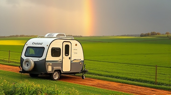 functional compact camping trailer, curious expression, surrounded by lush farmland, photorealistic, green fields stretching to the horizon under a vibrant rainbow, highly detailed, gentle rain shower, bright and vivid, contrasting colors, soft diffused lighting, shot with a 50mm lens.