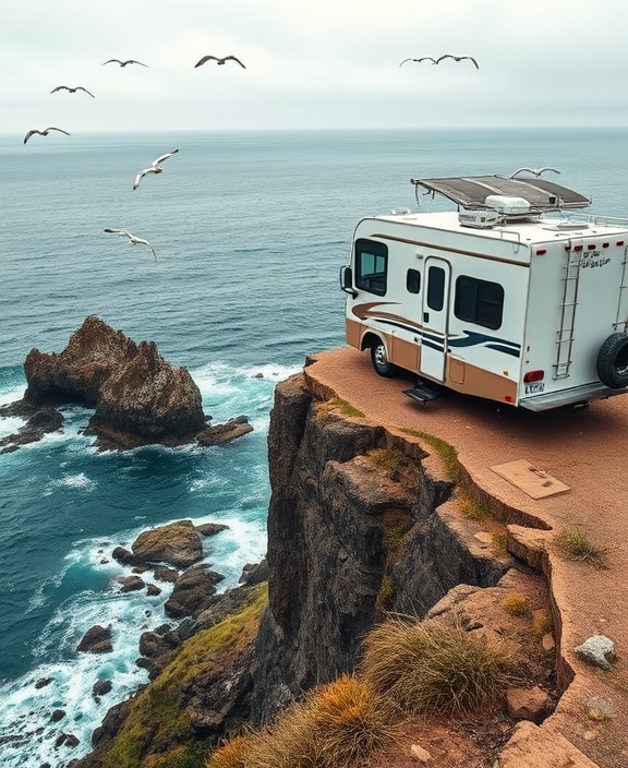 pioneer RV, exploring, perched atop a scenic cliff overlooking the ocean, photorealistic, waves crashing against rocks below in the distance, highly detailed, seagulls soaring in the breeze, 24-70mm f/2.8 lens, vibrant colors, overcast diffuse lighting, shot with a Fujifilm GFX 100.