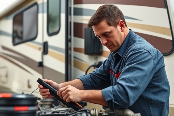 diligent RV maintenance worker, focused, repairing an engine, photorealistic, parked RV in a service area with tools around, highly detailed, slight movement and dirt, precise brush strokes, natural tones, daylight illumination, shot with a macro lens.
