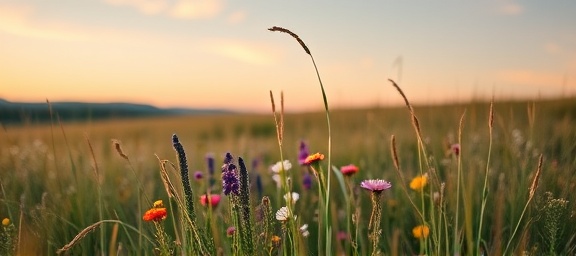 versatile offroad travel, relaxed vibe, exploring a meadow, photorealistic, blooming wildflower field and open sky background, highly detailed, grass swaying in the breeze, vivid color, soft pastels, golden hour lighting, shot with a 50mm f/1.4 lens.