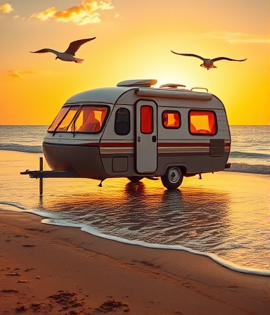 stylish travel camper, excited expression, set up on a sandy beach, photorealistic, waves gently lapping at the shore under a golden sunset, highly detailed, seagulls gliding gracefully, vivid clarity, deep oranges and blues, soft golden hour glow, shot with a 24mm lens.