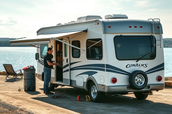 modern RV maintenance station, well-equipped, RV getting a check-up by skilled mechanics, photorealistic, located at the edge of a lake-facing campsite, highly detailed, gentle waves lapping at shoreline, ultra HD clarity, bright and clean visual palette, natural skylight, shot with a prime lens.