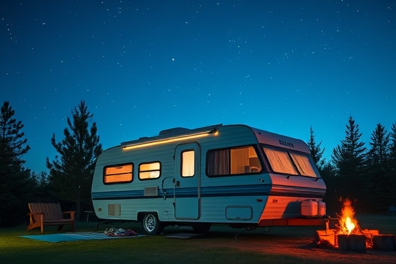 retro RV, relaxed, set in a quaint campsite at dusk, photorealistic, under a starry sky with twinkling fireflies, highly detailed, campfire flickering nearby, 35mm f/1.4 lens, cool blue and green hues, soft ambient glow, shot with a Sony A7R IV.