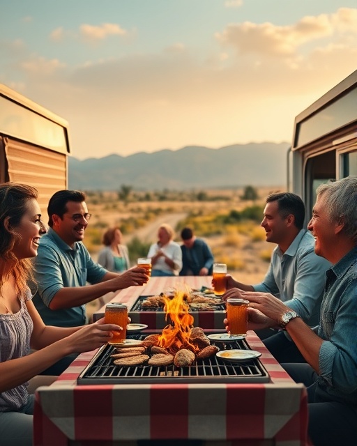 modern rv lifestyle, content, hosting a bbq, photorealistic, open park with distant mountains background, highly detailed, people enjoying food and laughter, vibrant colors, afternoon lighting, shot with a 35mm lens.
