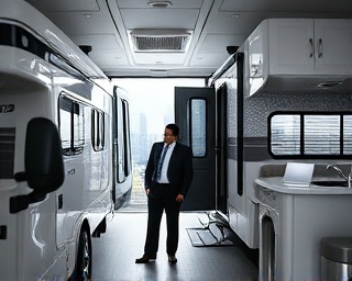 elegant RV showroom, sophisticated clientele, a business executive examining an RV, photorealistic, minimalist interior with a view of Connecticut's skyline, highly detailed, subtle movement of automated display features, 8K resolution, monochrome tones, ambient lighting, shot with a 45mm lens.