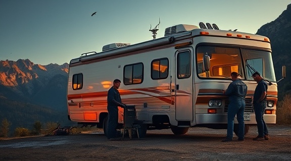 old RV requiring repairs, reflective, group of mechanics inspecting with toolkits open, photorealistic, set against a scenic mountain backdrop at a campground, highly detailed, birds chirping in distance, smooth gradients, rugged landscape hues, golden hour lighting, shot with a panoramic lens.