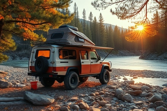 sturdy offroad camper, adventurous mood, setting up camp by river, photorealistic, rocky riverbed and pine trees in the background, highly detailed, leaves rustling, shallow depth of field, warm sunset glow, golden hour lighting, shot with a 35mm lens.