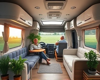 peaceful RV showroom, zen-like calmness, an elderly couple relaxing inside an RV, photorealistic, tranquil garden-themed design, highly detailed, soothing music and aromatic elements, ultra HD, soft neutral colors, ambient natural light, shot with a 70mm lens.