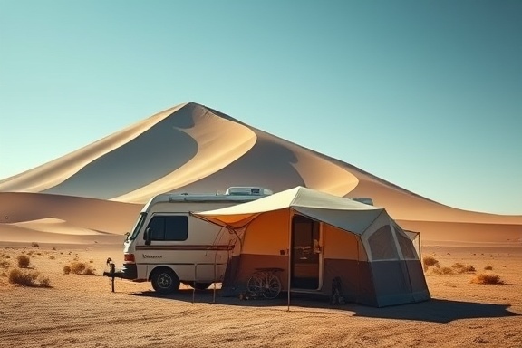 classic RV travel, adventurous expression, setting up camp in the desert, photorealistic, towering dunes and a vast sky backdrop, highly detailed, a gentle wind making the tent flap, 5k resolution, muted earth tones, midday harsh sunlight, shot with a standard lens.