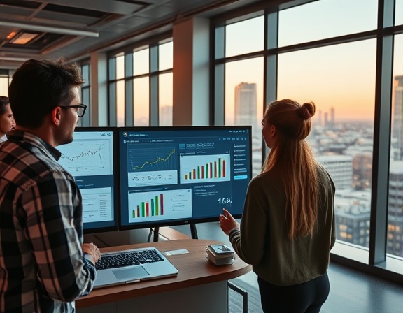 RV solutions, focused team brainstorming, analyzing charts on a digital board, photorealistic, contemporary workspace with large windows overlooking a cityscape, highly detailed, interactive screens showing data, high-definition, warm colors, ambient lighting, shot with a 35mm lens